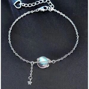 Sterling Silver Aurora Blue Moonstone Planet Star Heart Bracelet 925 New 7.5 In